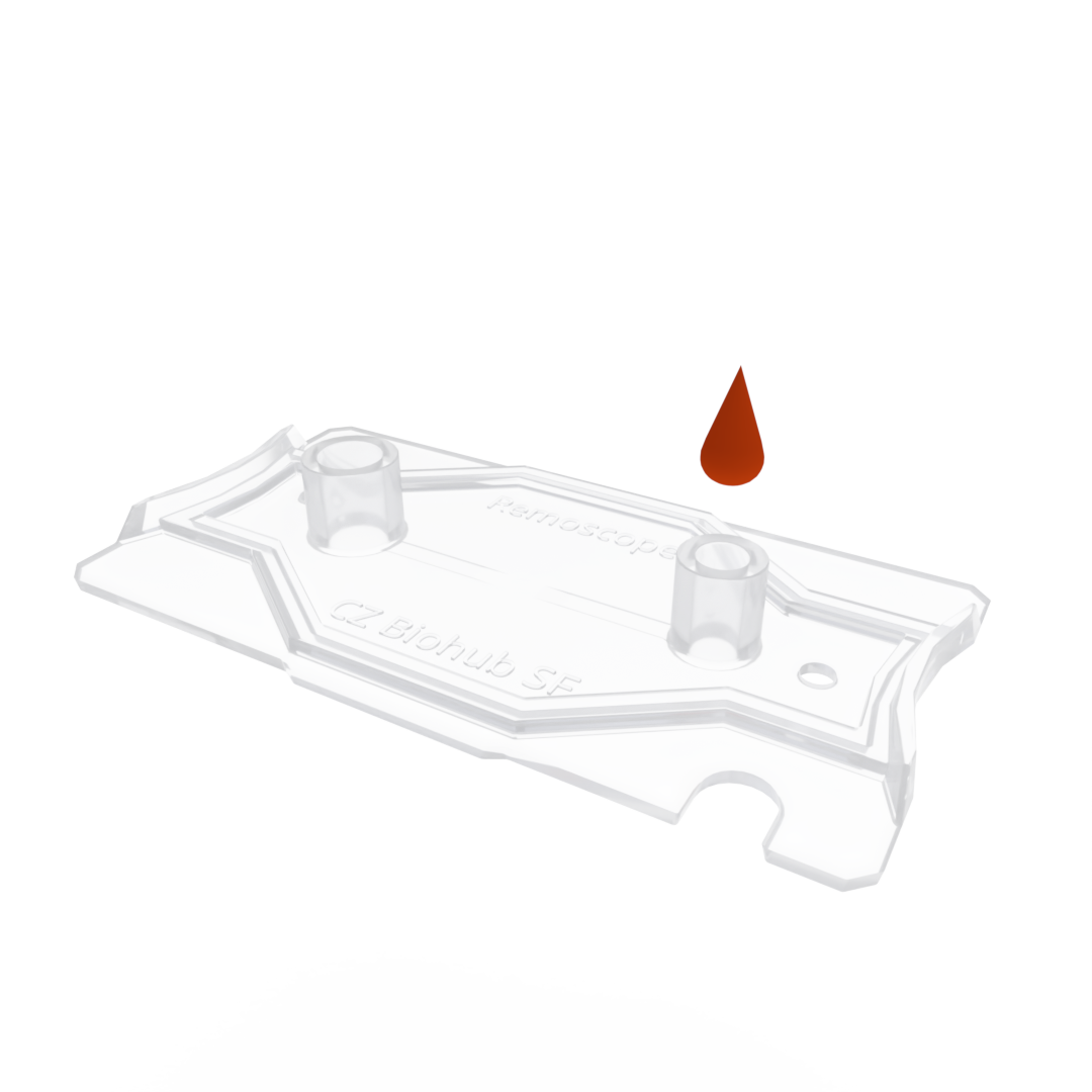 Disposable flow cell consumable with a drop of blood — CAD render