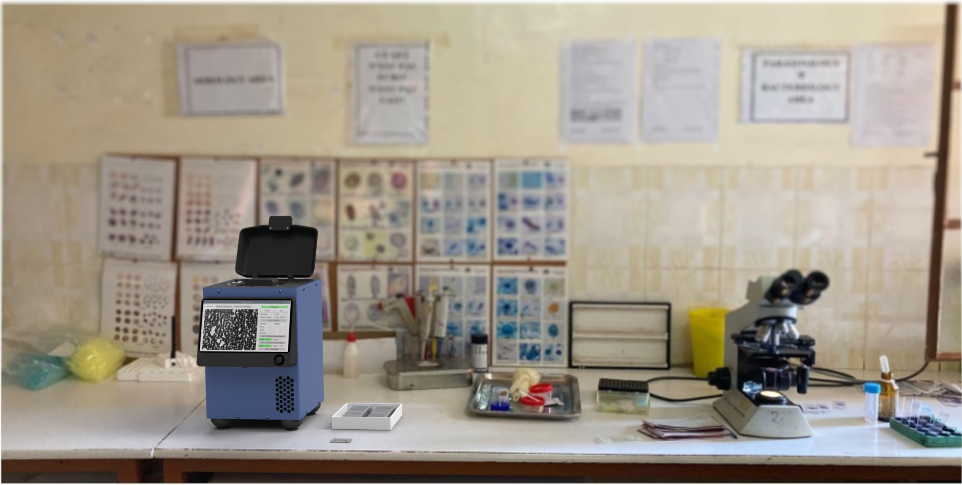 A rendering of Remoscope next to a traditional microscopy setup in Rwanda